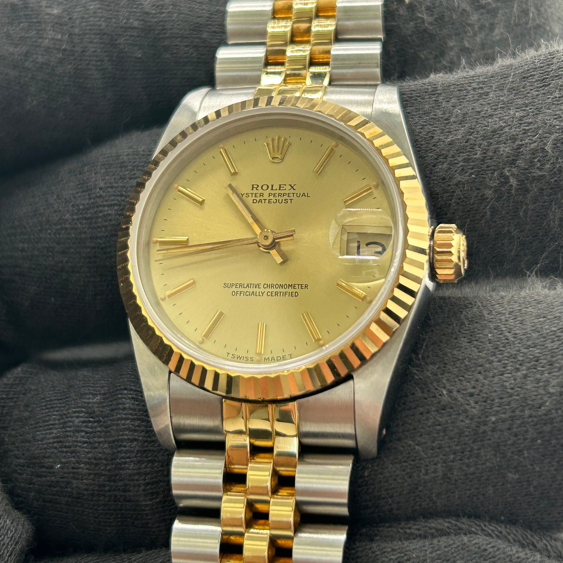Rolex Datejust Champagne Stick Dial on D Link Jubilee Ref. 68273 Papers Open Date — view 3