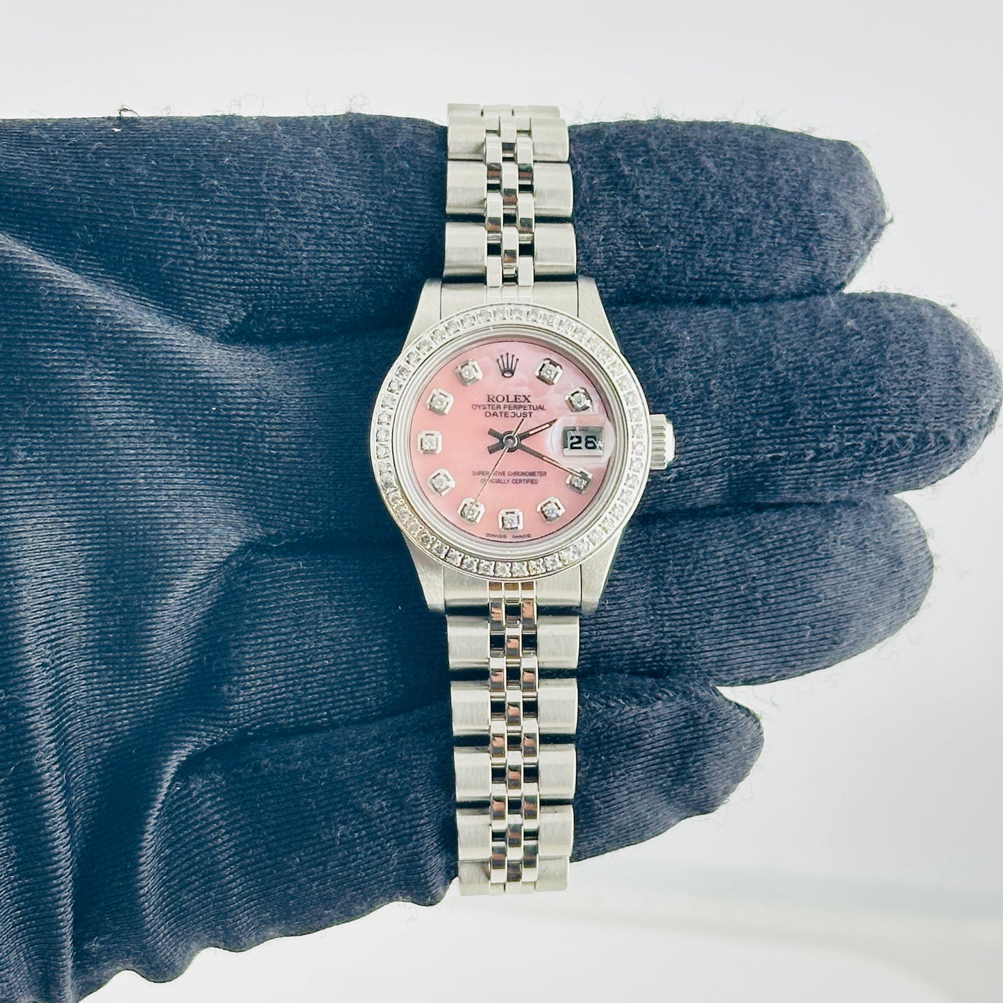 Rolex Datejust Lady Am Pink Mop Diamond Dial on D Link Jubilee Bracelet Ref. 69174 Papers Open Date