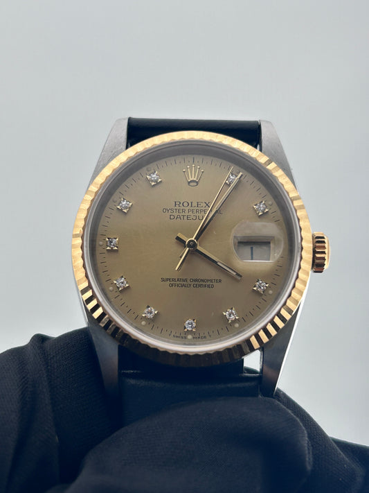 Rolex Datejust 36 Champagne Diamond Dial on Generic Black Leather Band Ref. 16233 — view 2