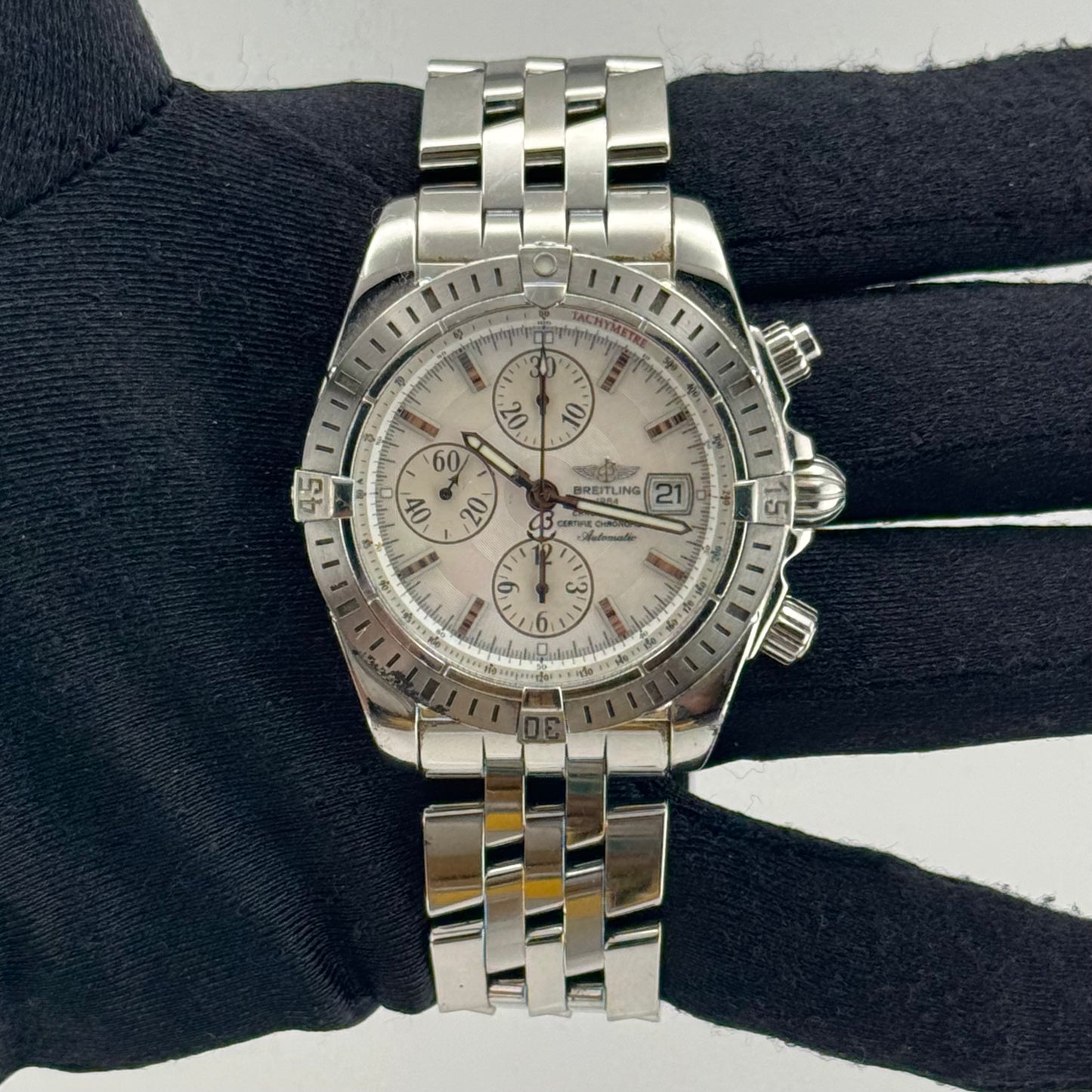 Breitling Chronomat Evolution White M.O.P. Dial on Stainless Steel Bracelet Ref. A13356 Manuals Only