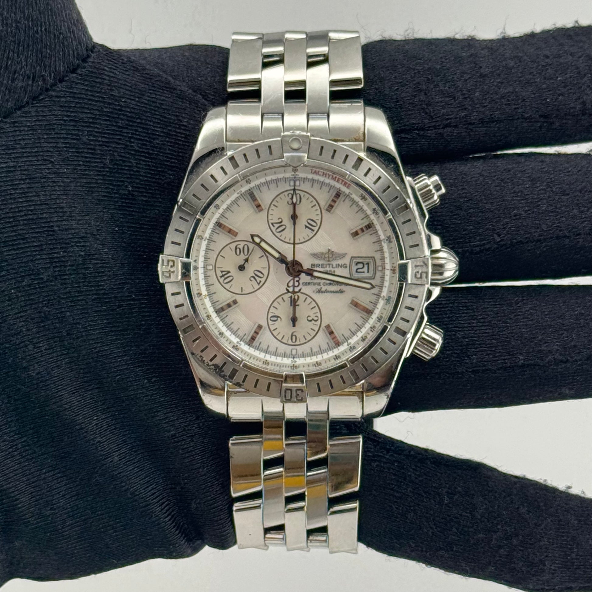 Breitling Chronomat Evolution White M.O.P. Dial on Stainless Steel Bracelet Ref. A13356 Manuals Only