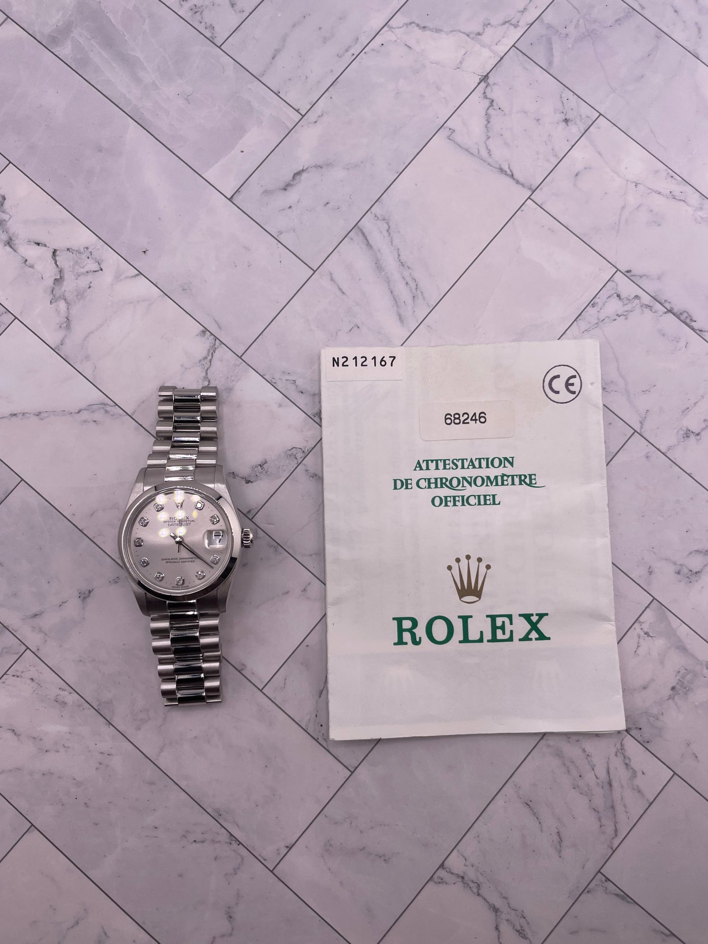 Rolex Datejust Silver Diamond Dial on President Ref. 68246 Papers 1991 — view 7