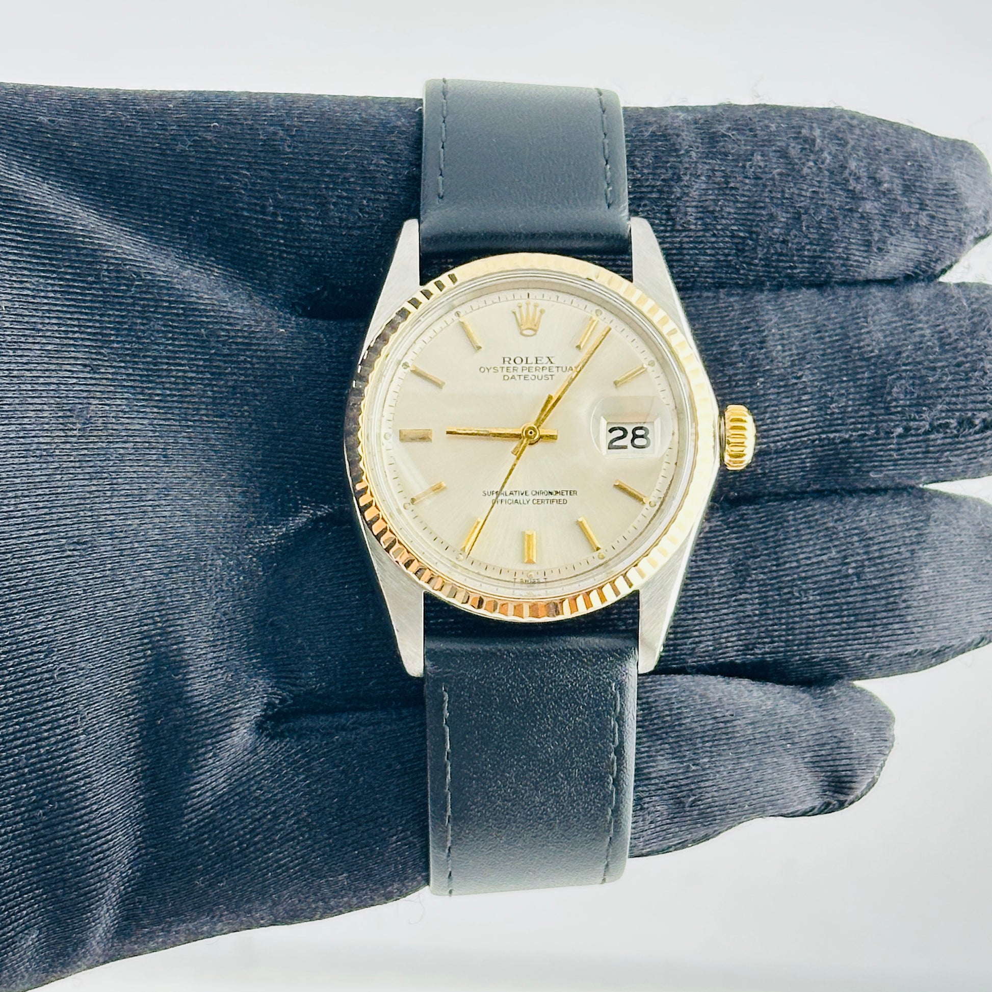 Rolex Datejust Silver / Gold Stick Dial on Generic Leather Band Ref. 1601 1968