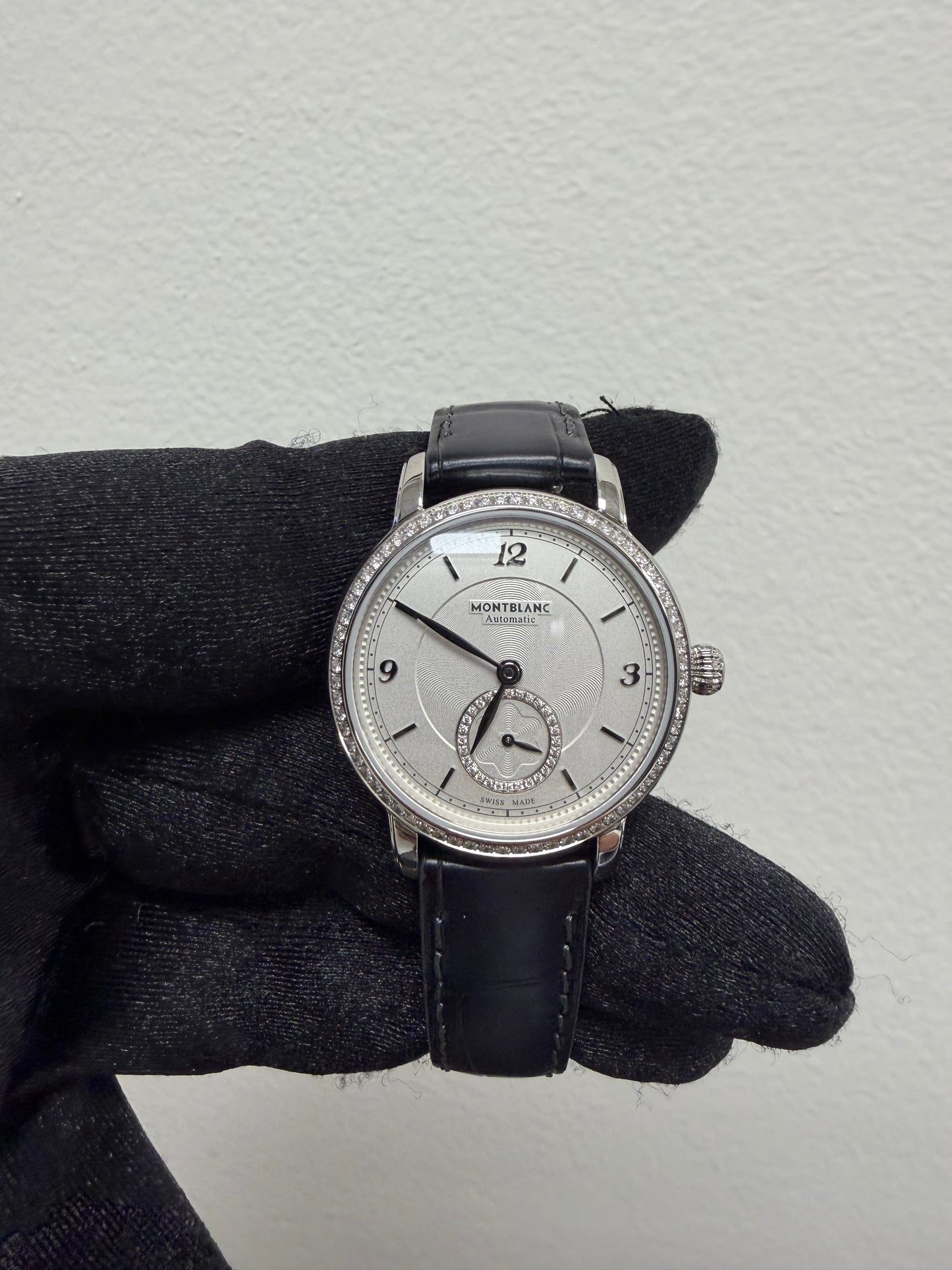 Montblanc Star Legacy Silver With Factory Diamonds Dial on Grey Leather Ref. 118534 Card Open Date — view 2