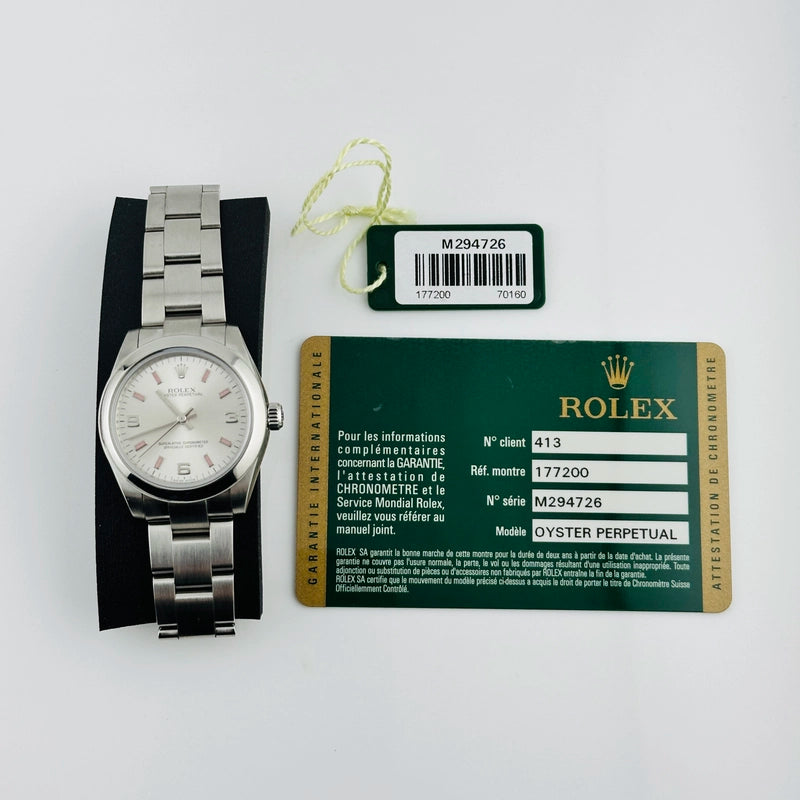 Rolex Oyster Perpetual Silver/Pink Markers Dial on Oyster Ref 177200 with Card Old Green 2008