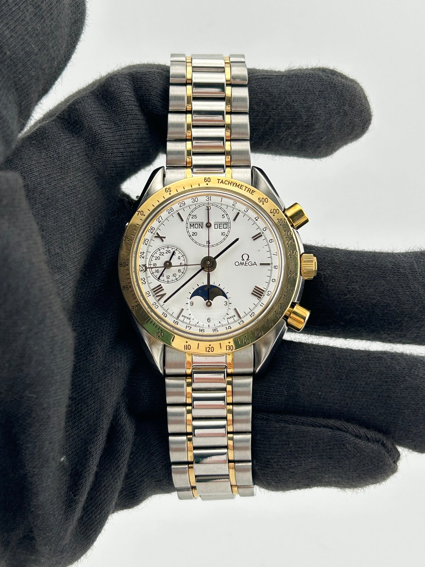 Omega Speedmaster Classic White Dial on 2 Tone Gold Plated Stainless Steel Bracelet Ref. 175.0034