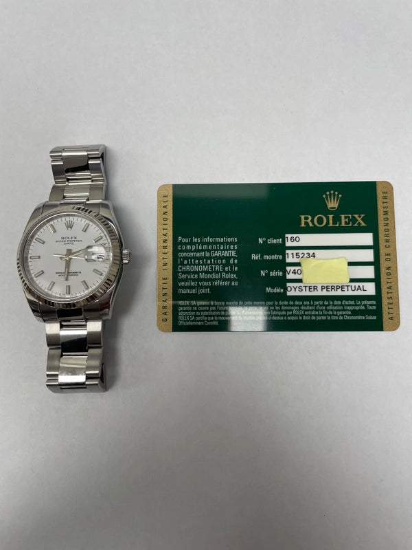Rolex Oyster Perpetual Date White Dial on Oyster Ref 115234 with Card Old Green 2009