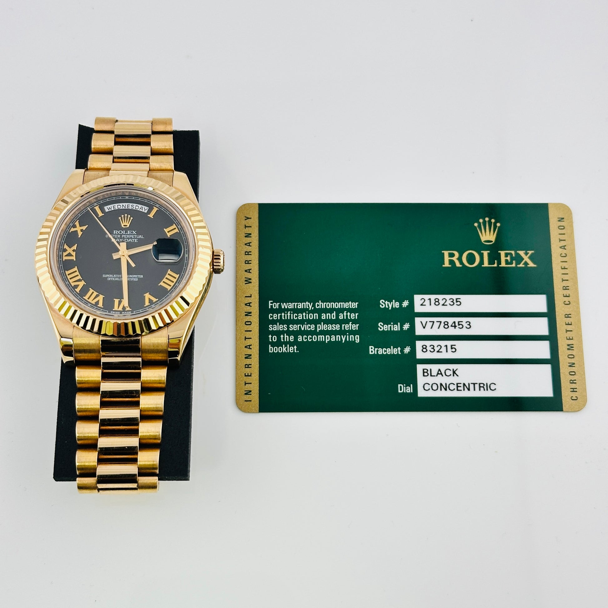 Rolex Day-Date Black Roman Dial on President Bracelet Ref. 218235 Card 2011 — view 7