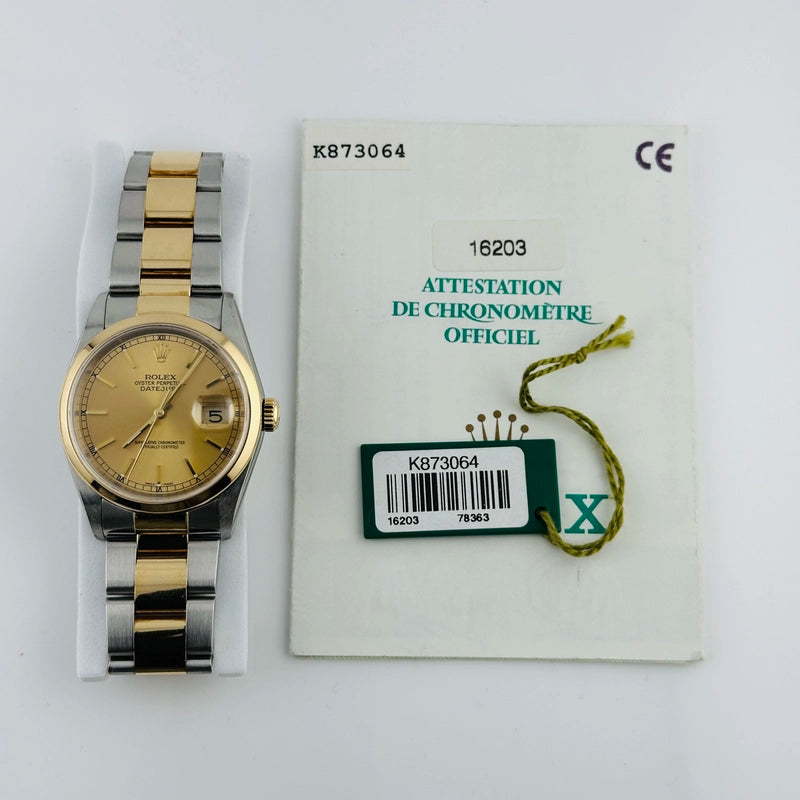 Rolex Datejust Champagne Stick Dial on Oyster Ref 16203 with Papers 2002