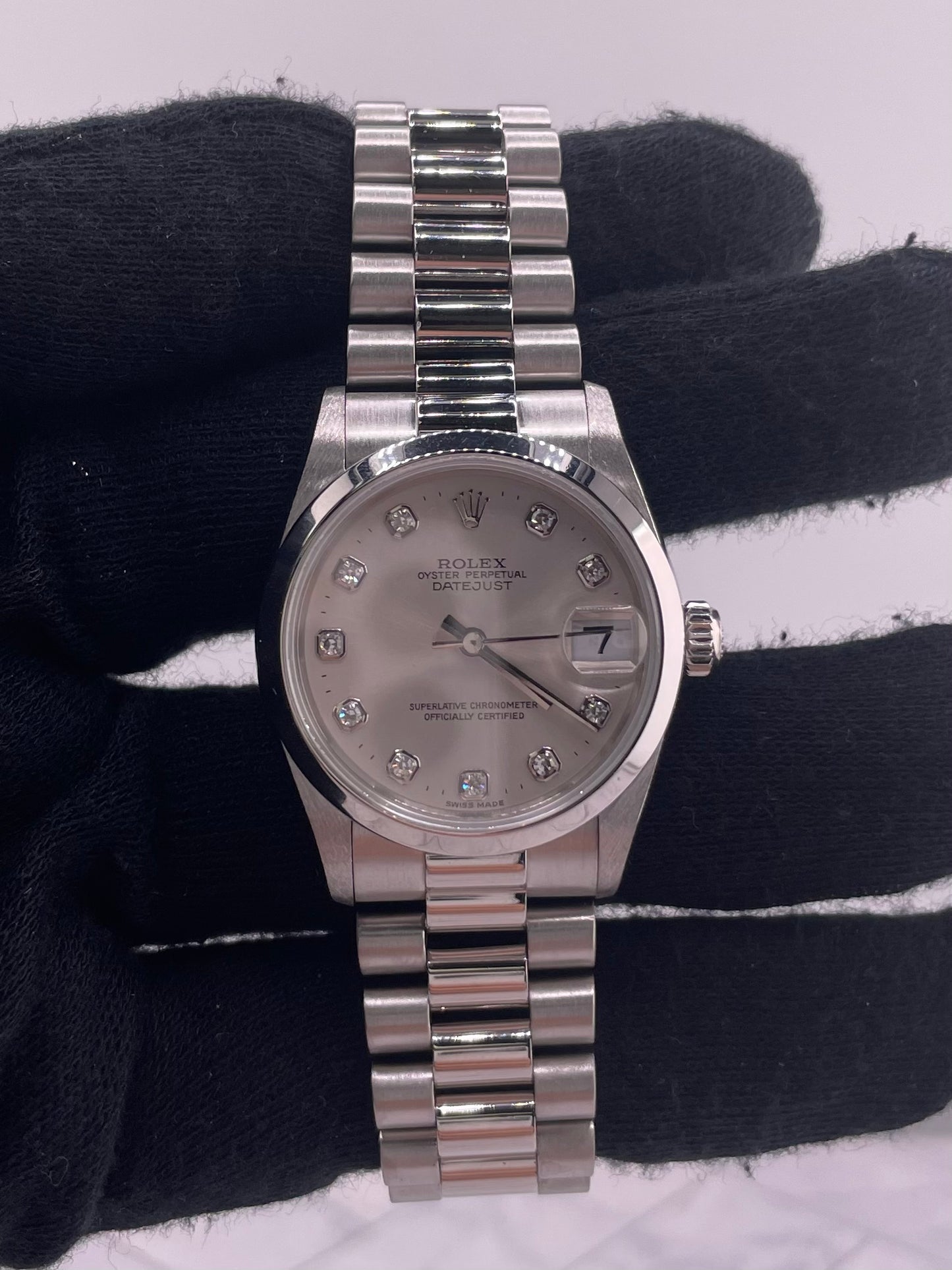 Rolex Datejust Silver Diamond Dial on President Ref. 68246 Papers 1991 — view 2