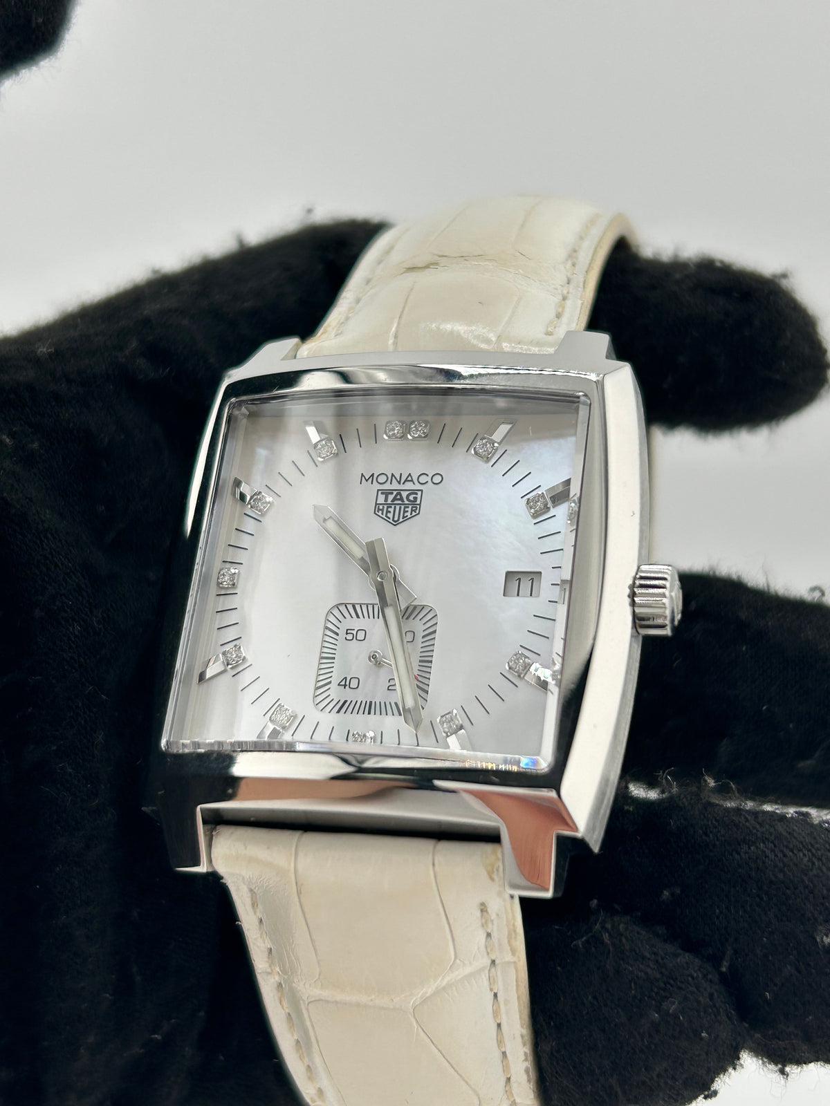 Tag Heuer Monaco White Mop Diamond Dial on Leather Ref. WAW131B.FC6247 Complete Open Date — view 3
