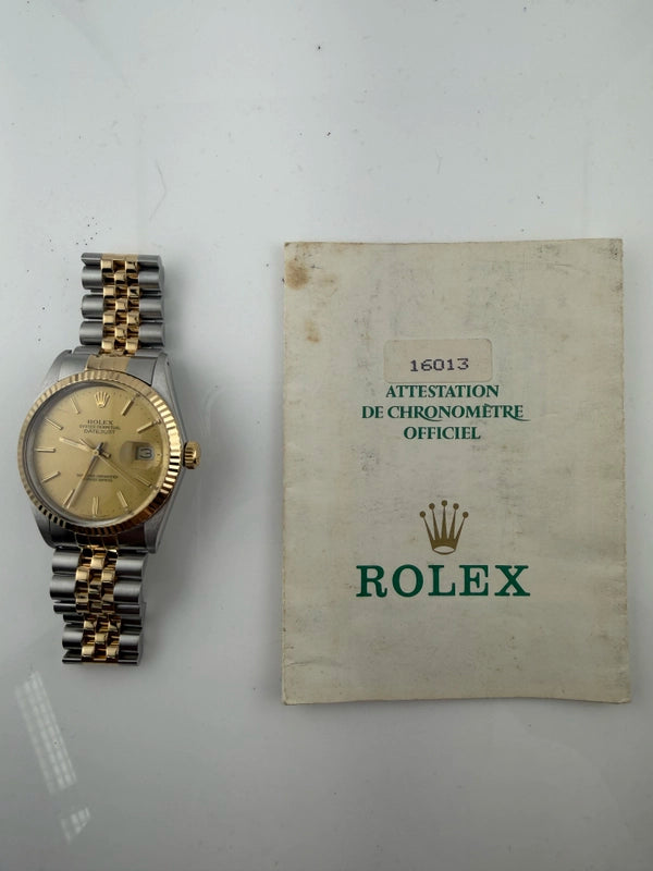 Rolex Datejust Champagne Stick Dial on Jubilee Ref 16233 with Papers 1989
