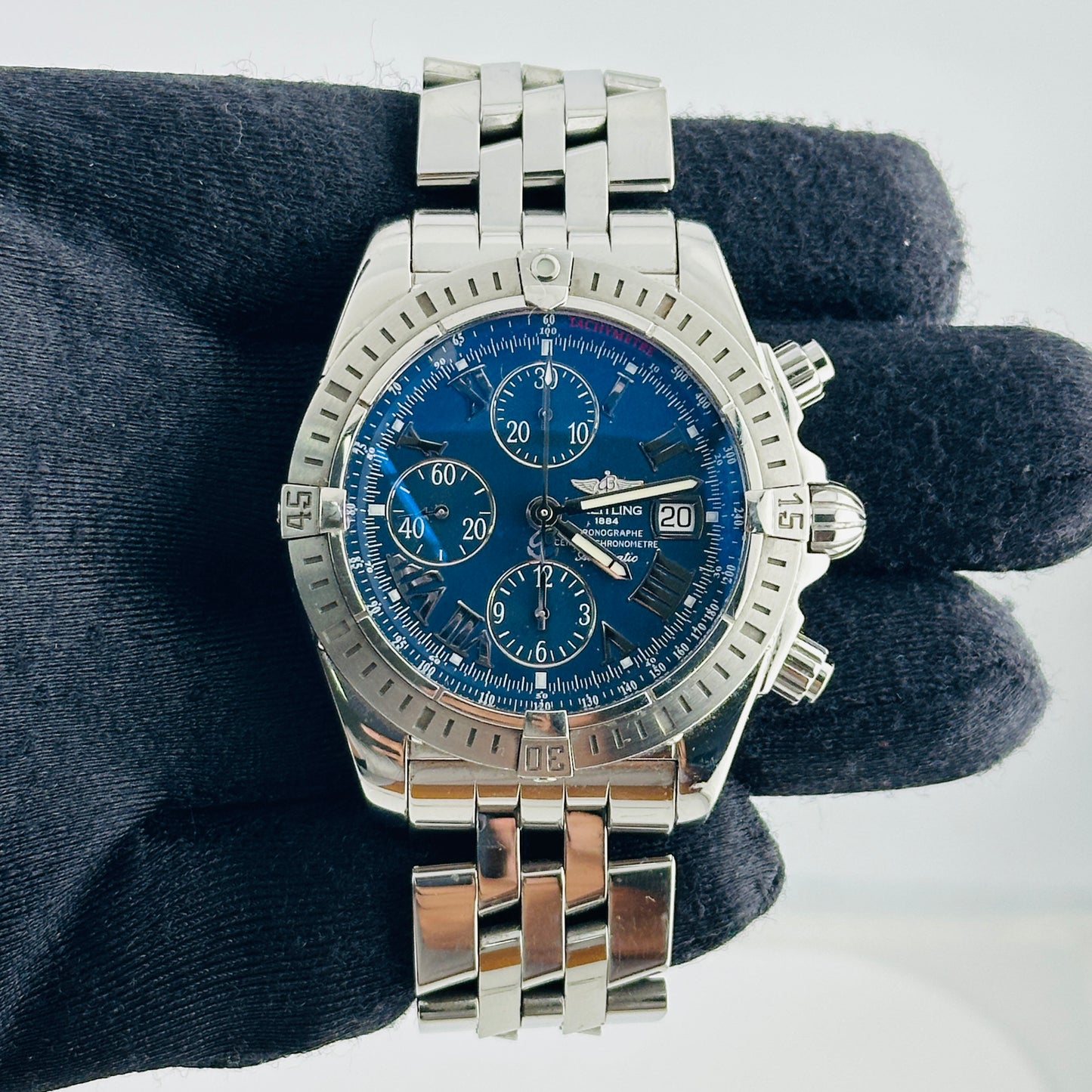 Breitling Chronomat Evolution Blue / Roman Numerals Dial on Stainless Steel Bracelet Ref. A13356 Papers 2009
