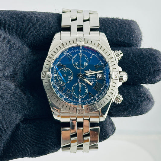 Breitling Chronomat Evolution Blue / Roman Numerals Dial on Stainless Steel Bracelet Ref. A13356 Papers 2009