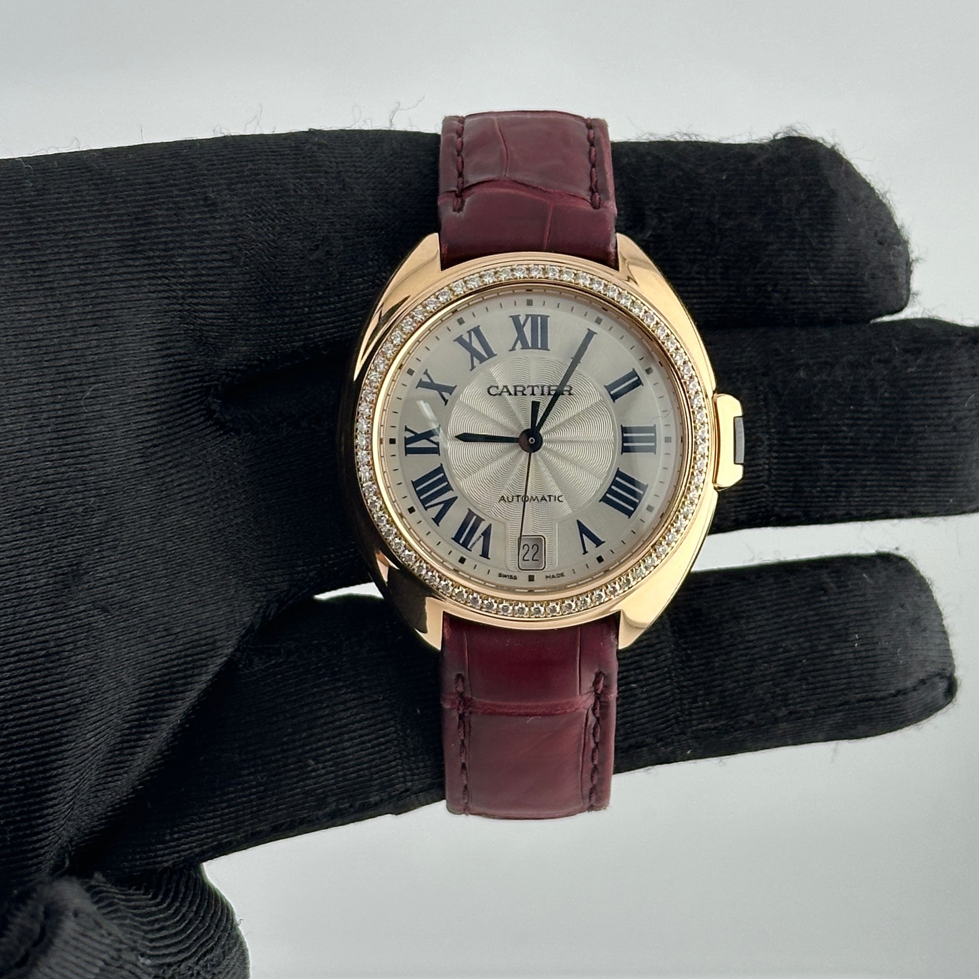 Cartier Cle Silver Roman Dial on Maroon Leather Ref. 3854 Papers 2019 — view 2