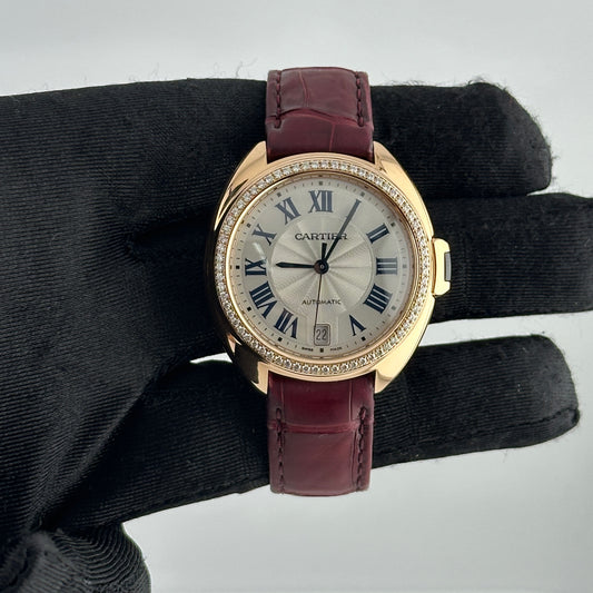 Cartier Cle Silver Roman Dial on Maroon Leather Ref. 3854 Papers 2019 — view 2