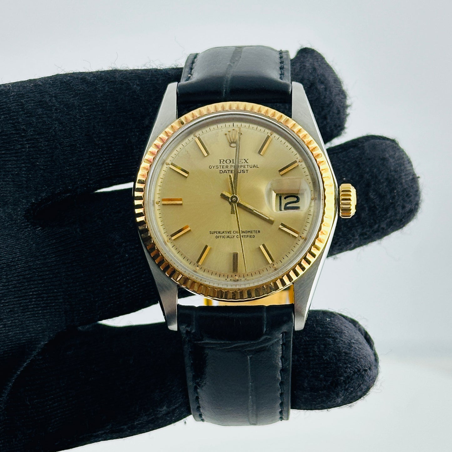 Rolex Datejust Champagne Stick Dial on Generic Leather Band Ref. 1601 1975
