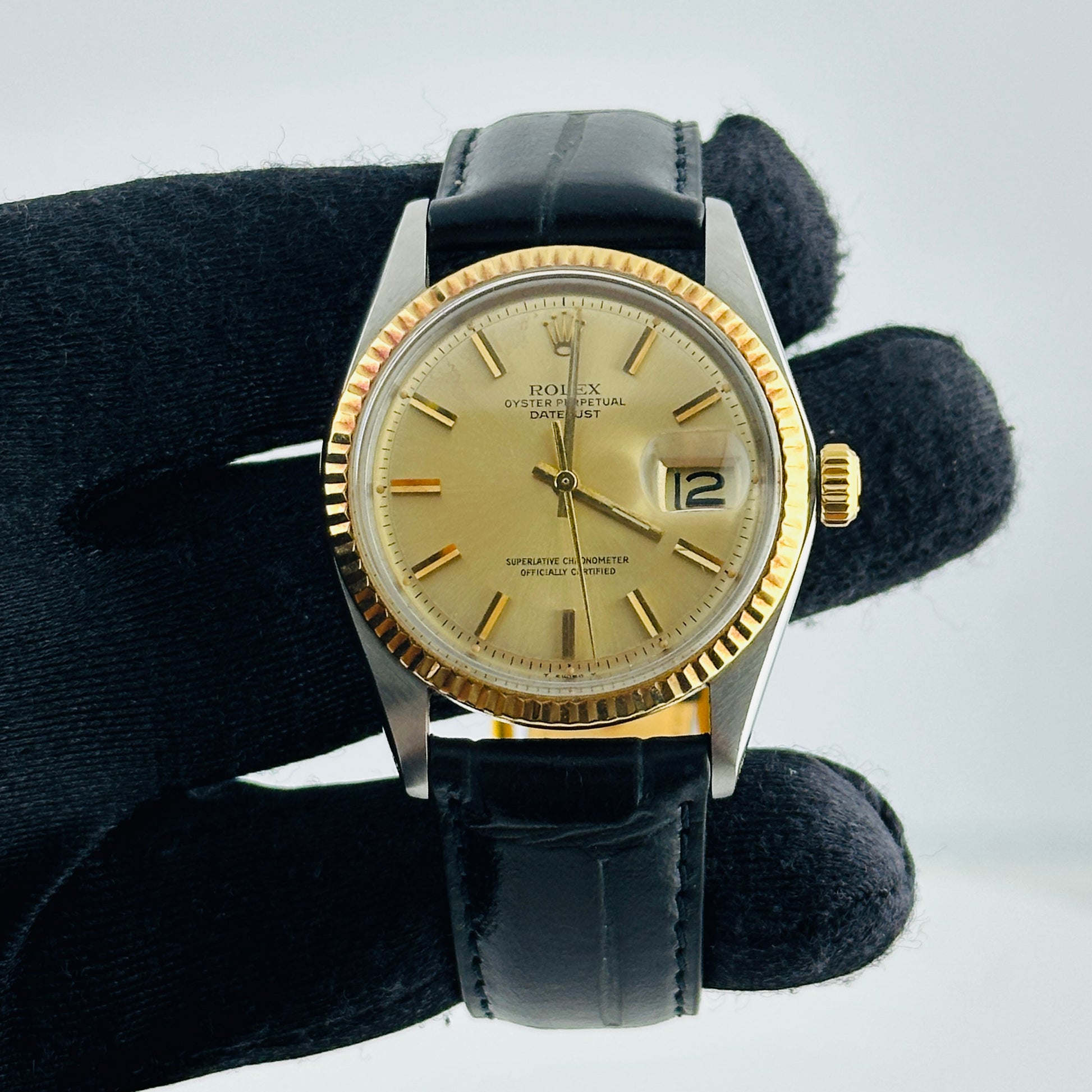 Rolex Datejust Champagne Stick Dial on Generic Leather Band Ref. 1601 1975