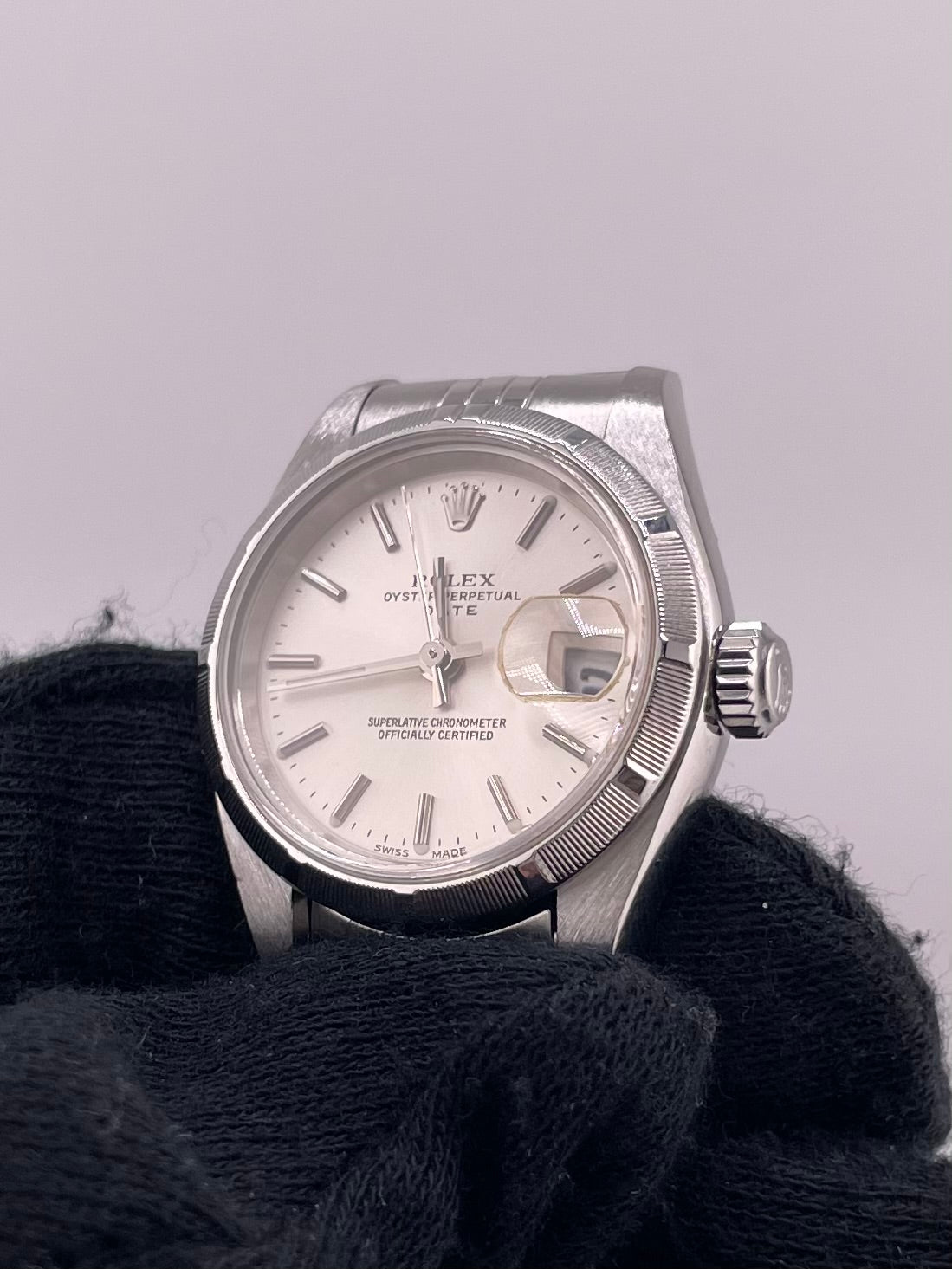 Rolex Oyster Perpetual Date Silver Stick Dial on Jubilee Ref. 79190 Papers Open Date — view 3