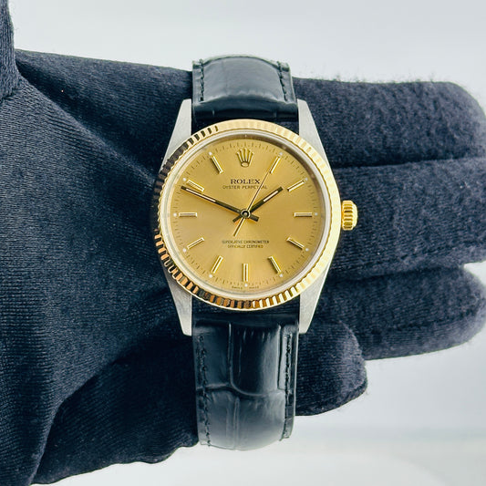 Rolex Oyster Perpetual Champagne Stick Dial on Generic Leather Band Ref. 14233 2000 — view 2