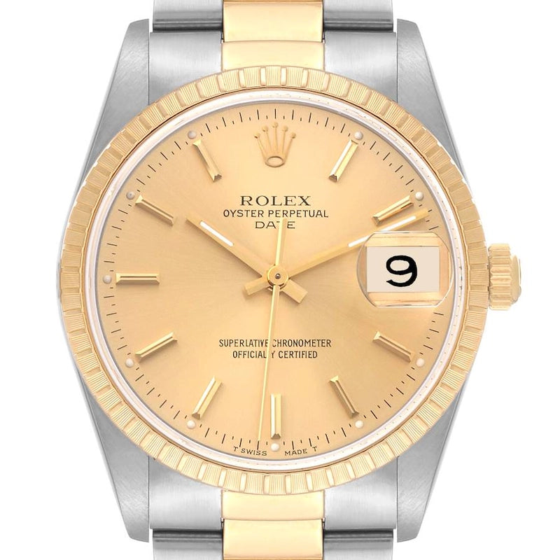 Rolex Oyster Perpetual Date Champagne Stick Dial on Strap Ref 15223 with Papers 1990