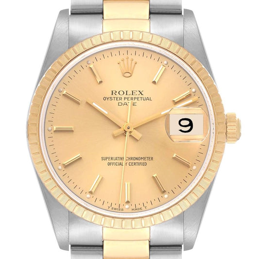 Rolex Oyster Perpetual Date Champagne Stick Dial on Strap Ref 15223 with Papers 1990