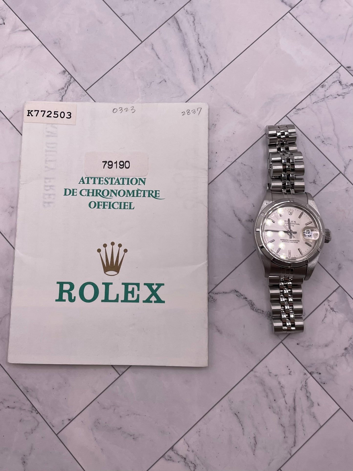 Rolex Oyster Perpetual Date Silver Stick Dial on Jubilee Ref. 79190 Papers Open Date — view 7