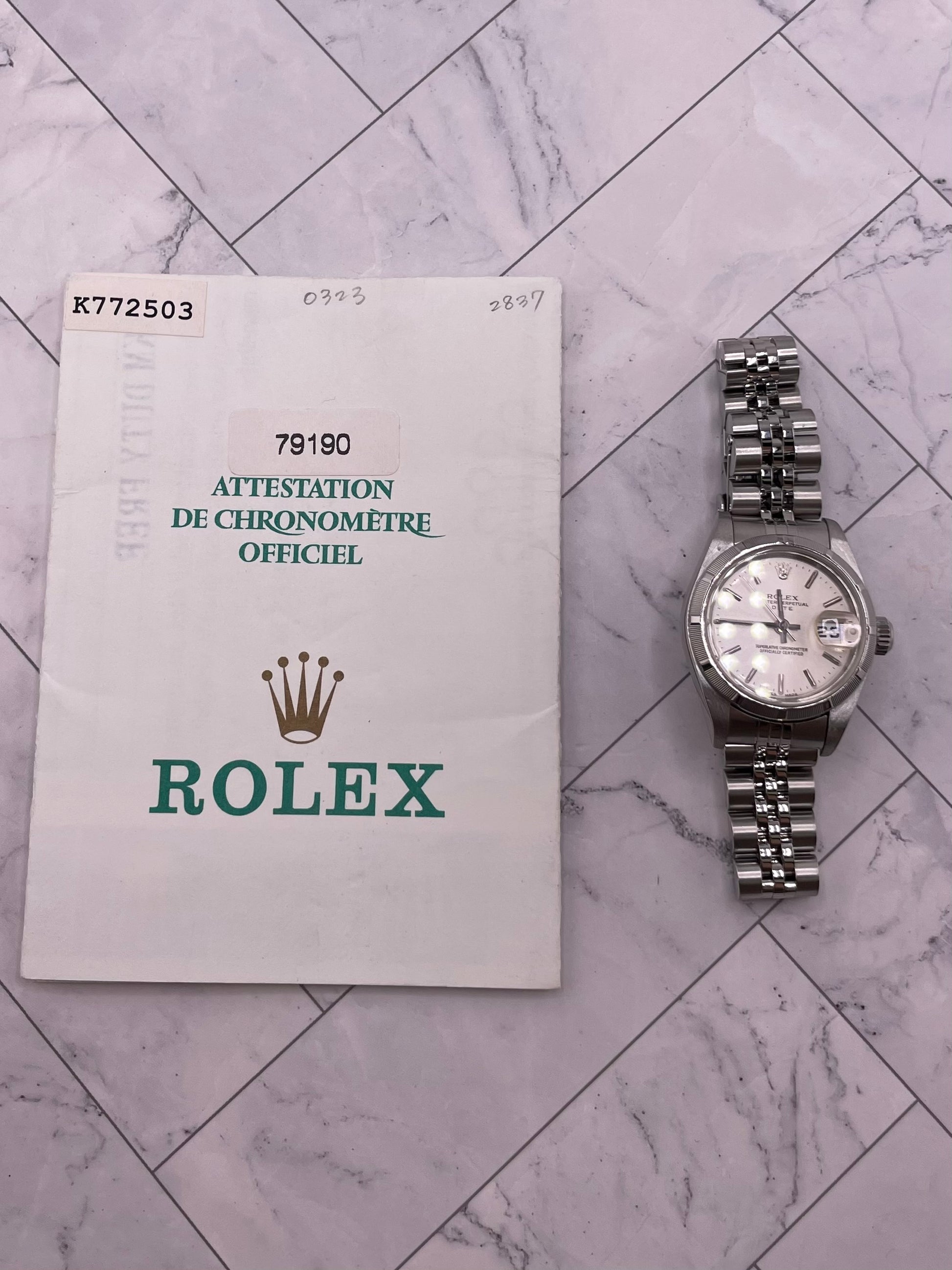 Rolex Oyster Perpetual Date Silver Stick Dial on Jubilee Ref. 79190 Papers Open Date — view 7