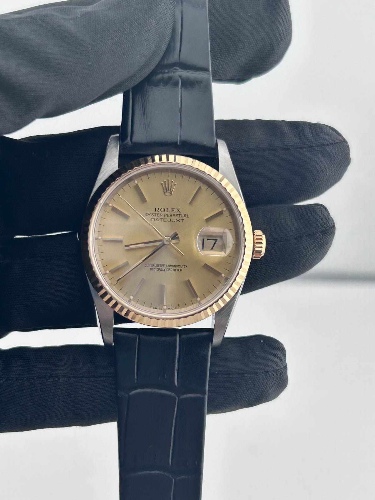 Rolex Datejust 36 Champagne Stick Dial on Generic Black Leather Band Ref. 16233 Card