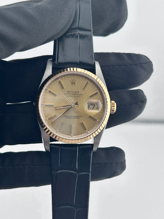Rolex Datejust 36 Champagne Stick Dial on Generic Black Leather Band Ref. 16233 Card