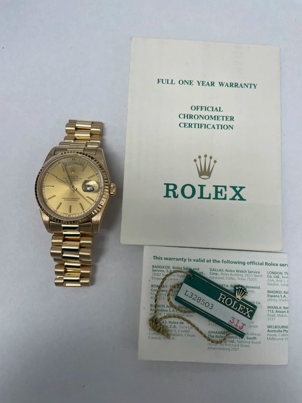 Rolex Day Date Gold Dial on President Ref 18238 with Papers 1989