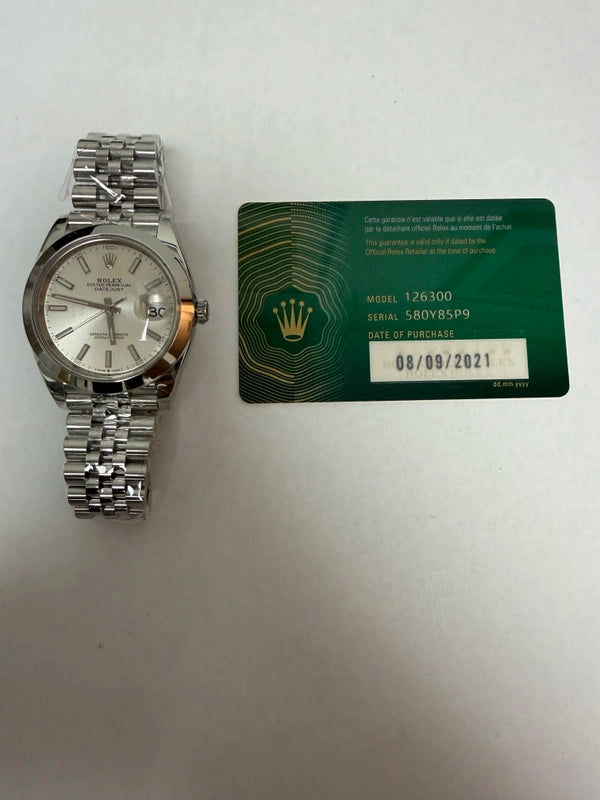 Rolex Datejust 41 Silver Index Dial on Jubilee Ref 126300 with New Style Card Green 2021