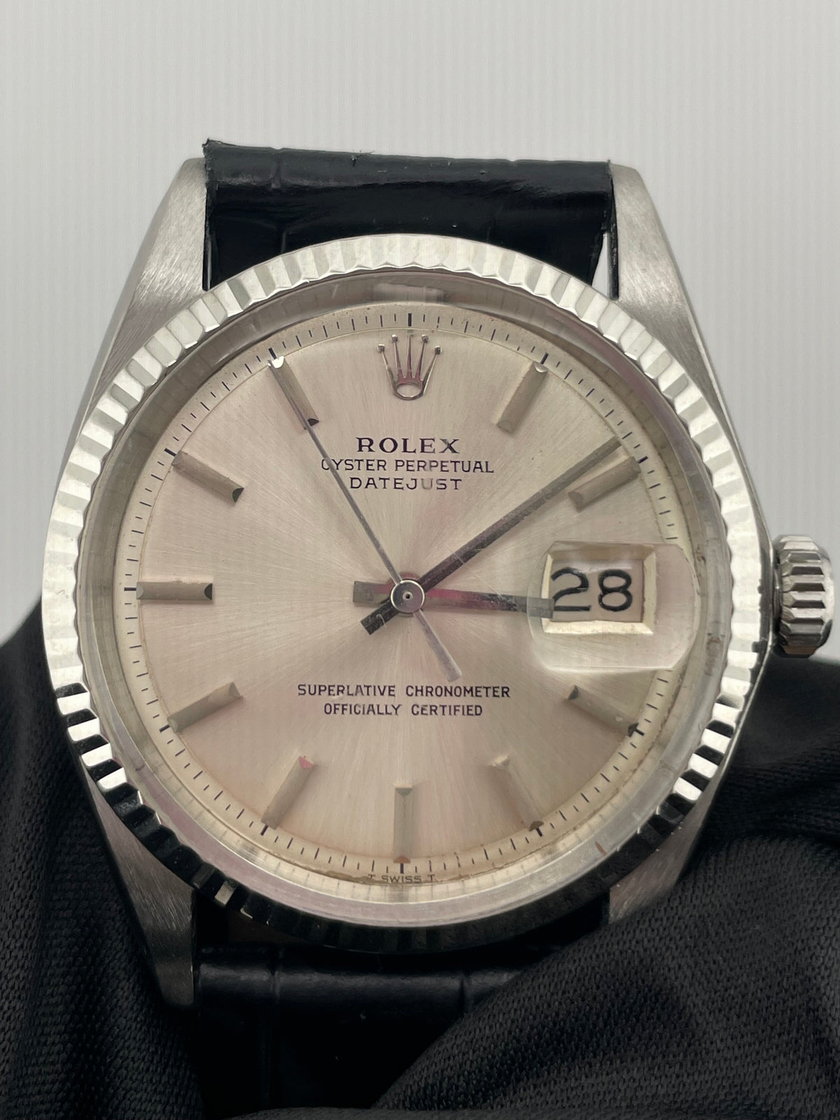 Rolex Datejust Silver Stick Dial on Generic Black Leather Strap Ref. 1601/4 1970