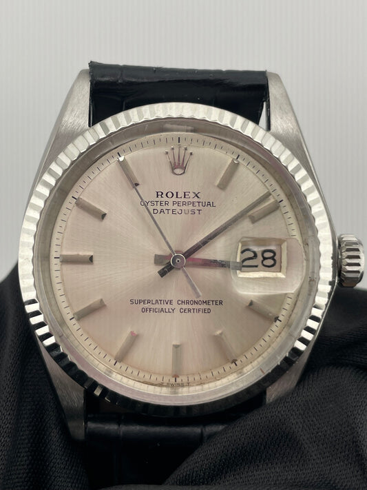 Rolex Datejust Silver Stick Dial on Generic Black Leather Strap Ref. 1601/4 1970