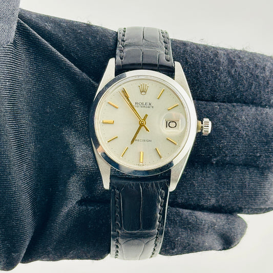 Rolex Oysterdate Precision Silver / Gold Stick Dial on Black Leather Strap Ref. 6694