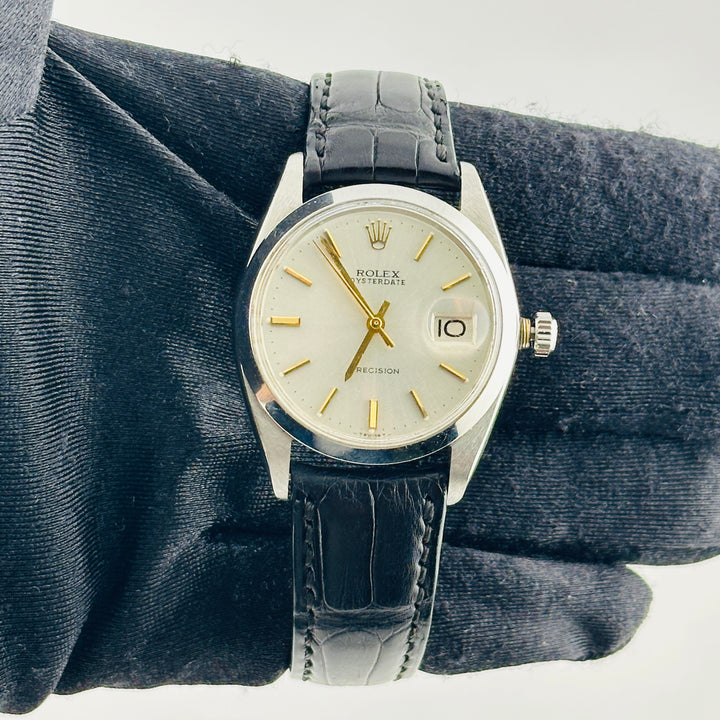 Rolex Oysterdate Precision Silver / Gold Stick Dial on Black Leather Strap Ref. 6694