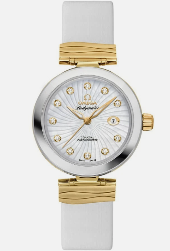 Omega De Ville Ladymatic Supernova Patterned White Mother Of Pearl Dial Set With Diamonds Dial on Leather Ref. 425.22.34.20.55.002 Card Open Date
