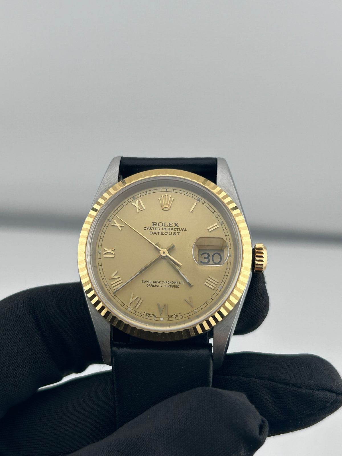 Rolex Datejust 36 Champagne Roman Dial on Generic Black Leather Band Ref. 16233 — view 2