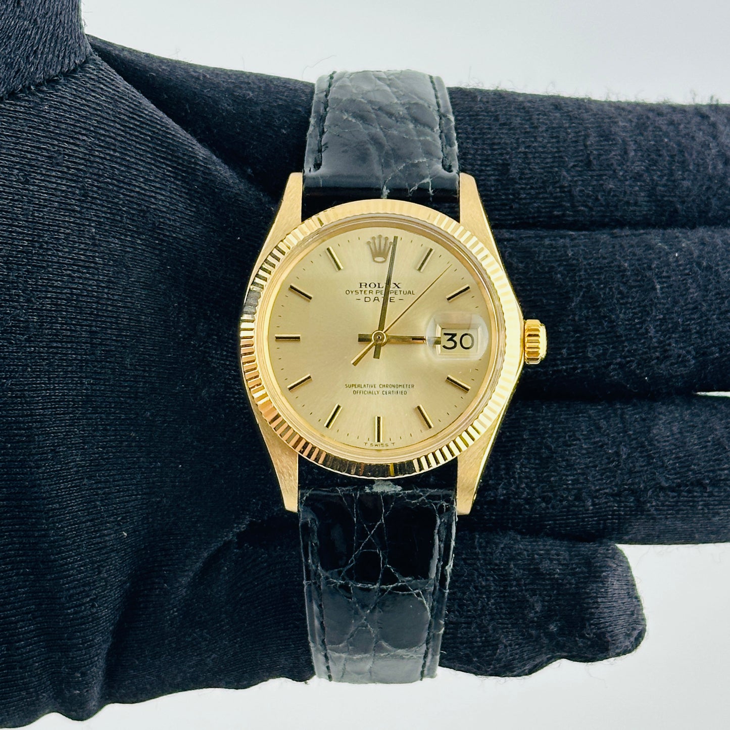 Rolex Oyster Perpetual Date Champagne Stick Dial on Generic Leather Band Ref. 1503