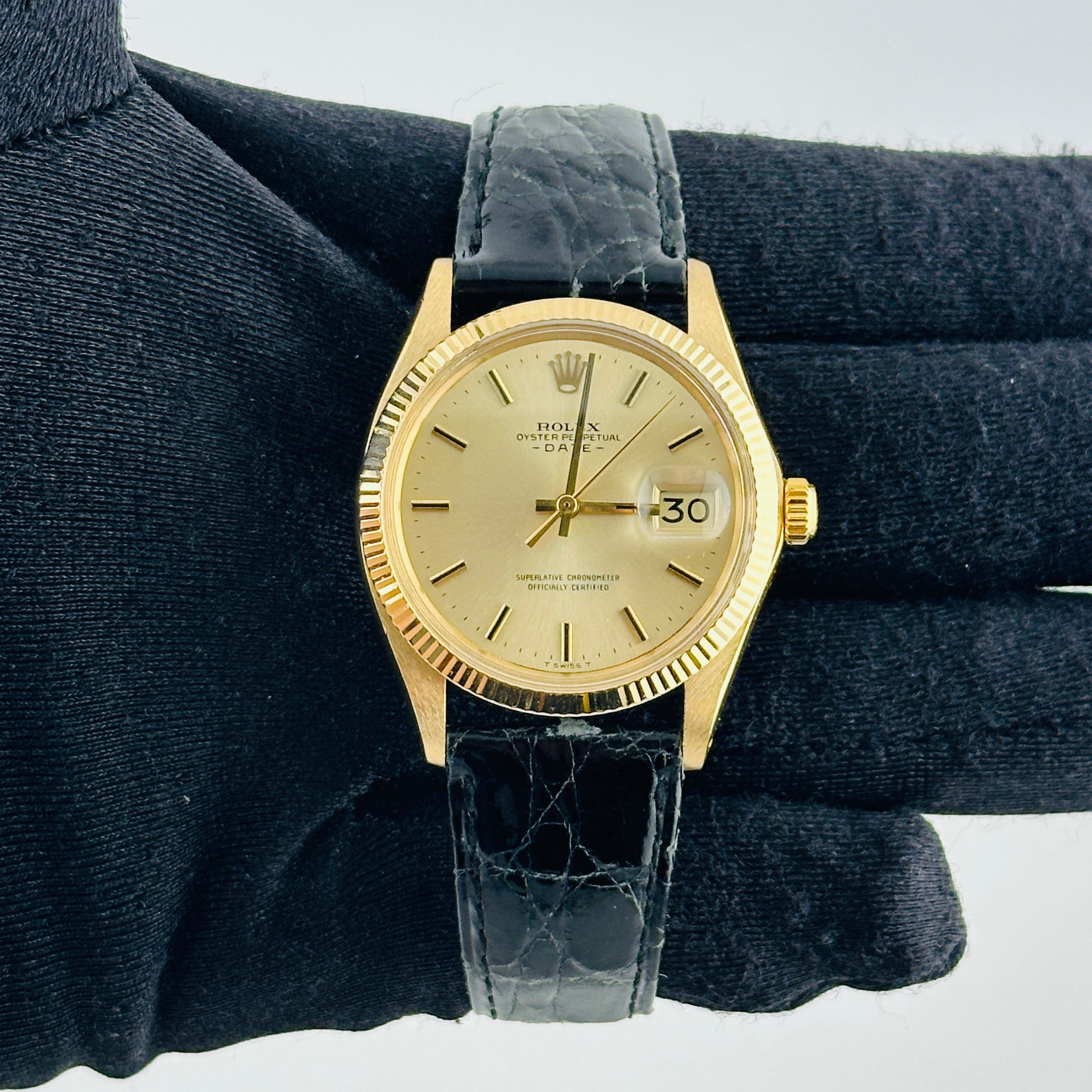 Rolex Oyster Perpetual Date Champagne Stick Dial on Generic Leather Band Ref. 1503