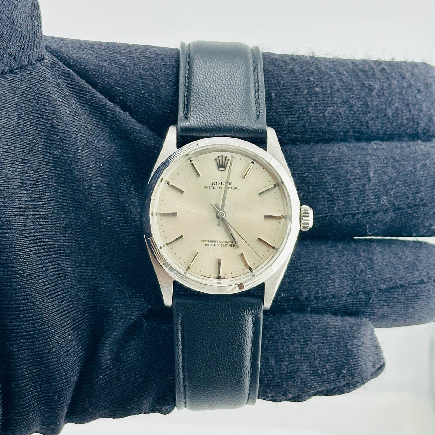 Rolex Oyster Perpetual Silver Stick / Has Spots Dial on Generic Leather Band Ref. 1003 1966