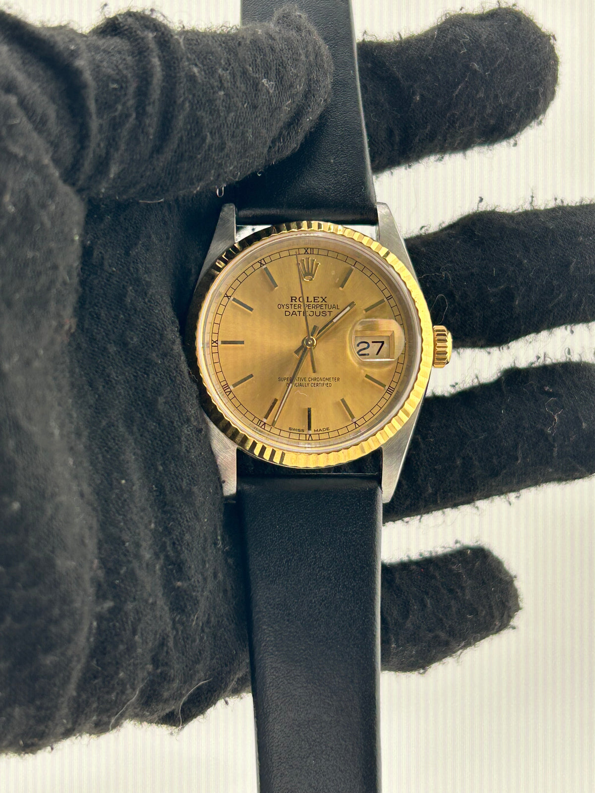 Rolex Datejust 36 Champagne Stick Dial on Generic Black Leather Strap Ref. 16233 Service Card 2018