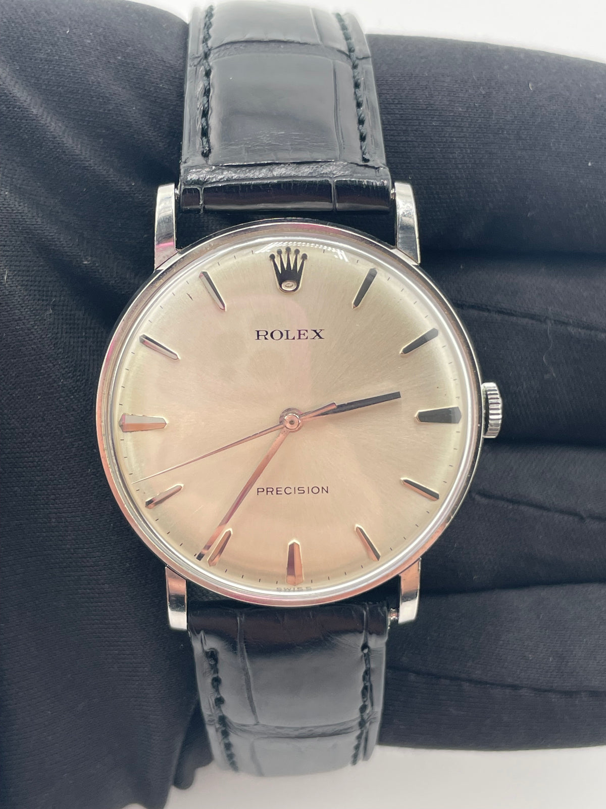 Rolex Precision Silver Stick Dial on Black Leather Strap Ref. 9829 1970 — view 2