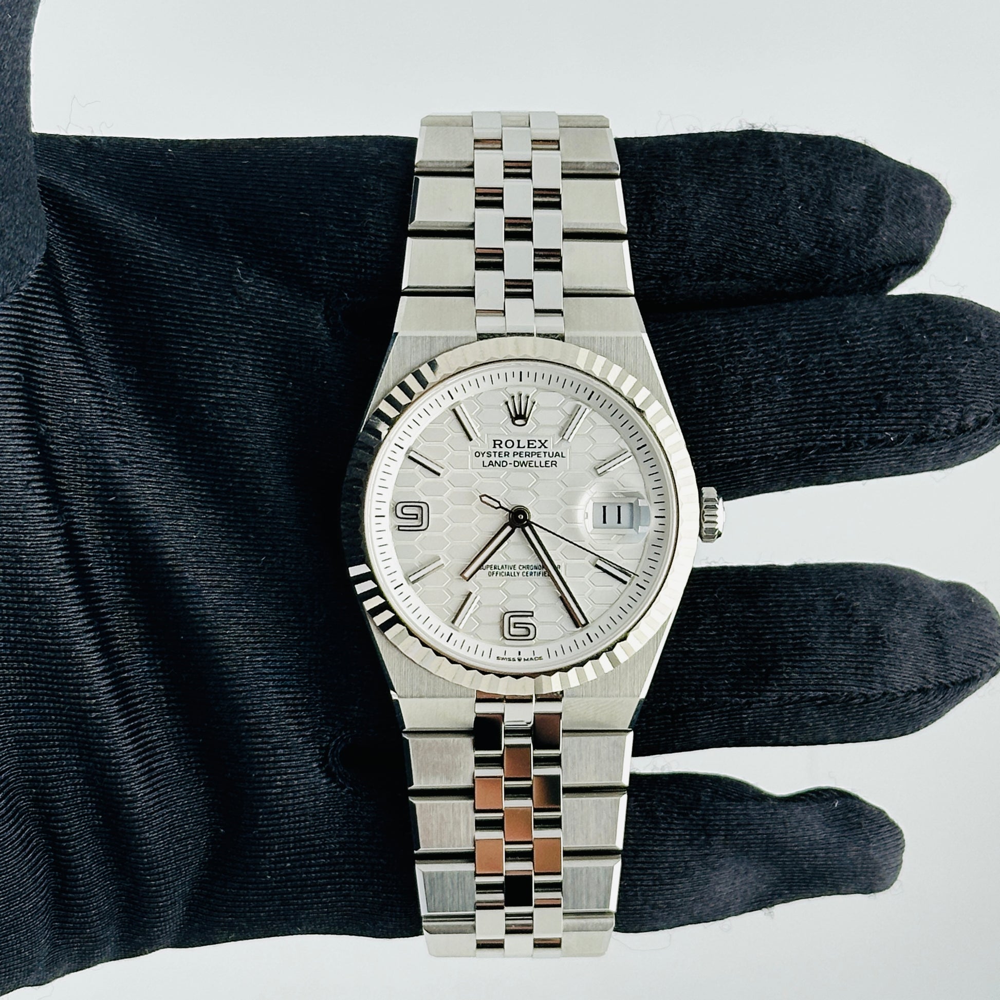 Rolex Land-Dweller White Honeycomb Dial on Flat Jubilee Ref. 127334 Card 2026 — view 2