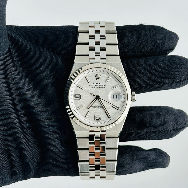 Rolex Land-Dweller White Honeycomb Dial on Flat Jubilee Ref 127334 with New Style Card Green 2026