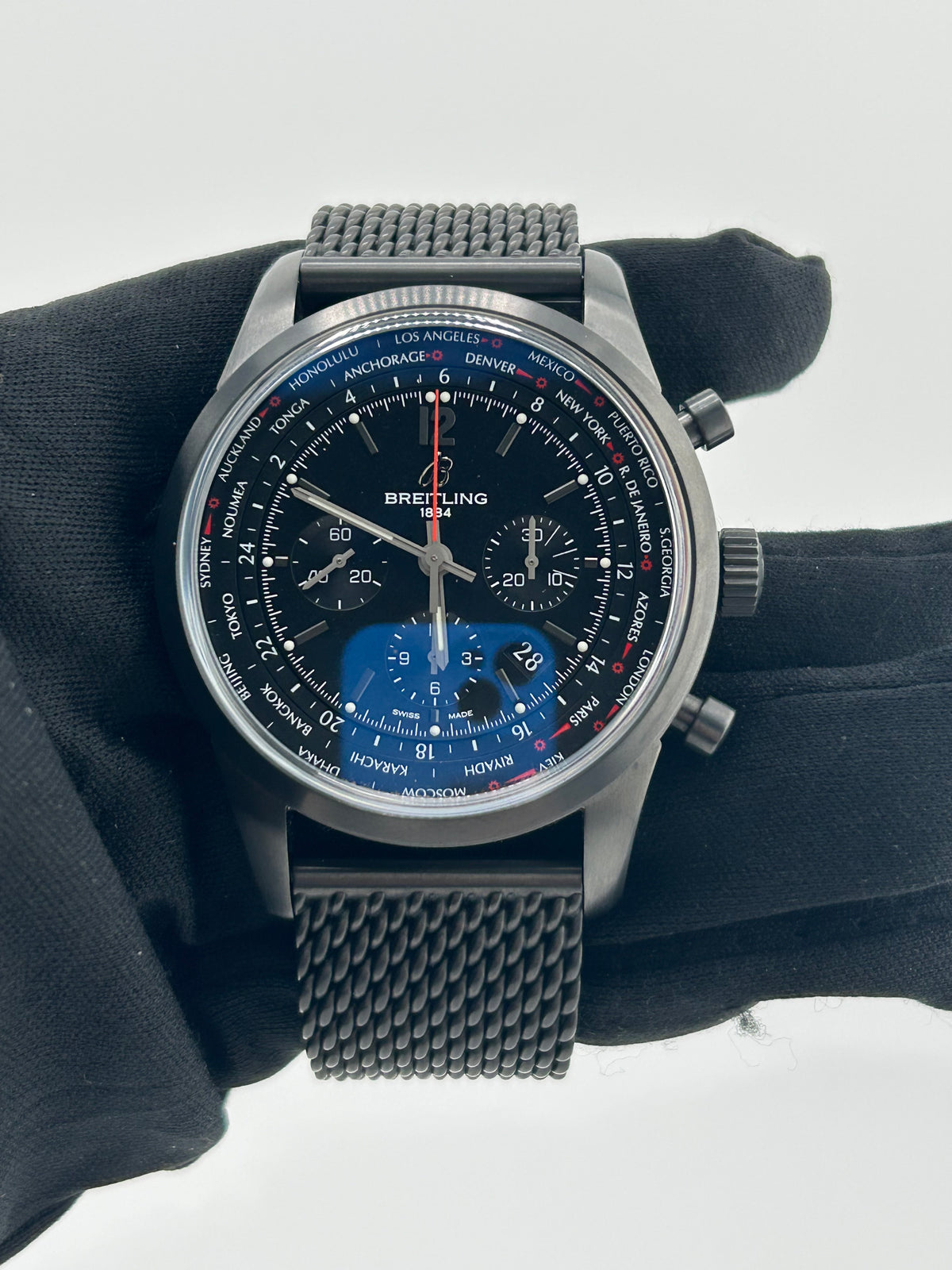 Breitling Transocean Unitime Pilot Black Dial on Stainless Steel Mesh Bracelet Ref. MB0510 Complete 2015 — view 2
