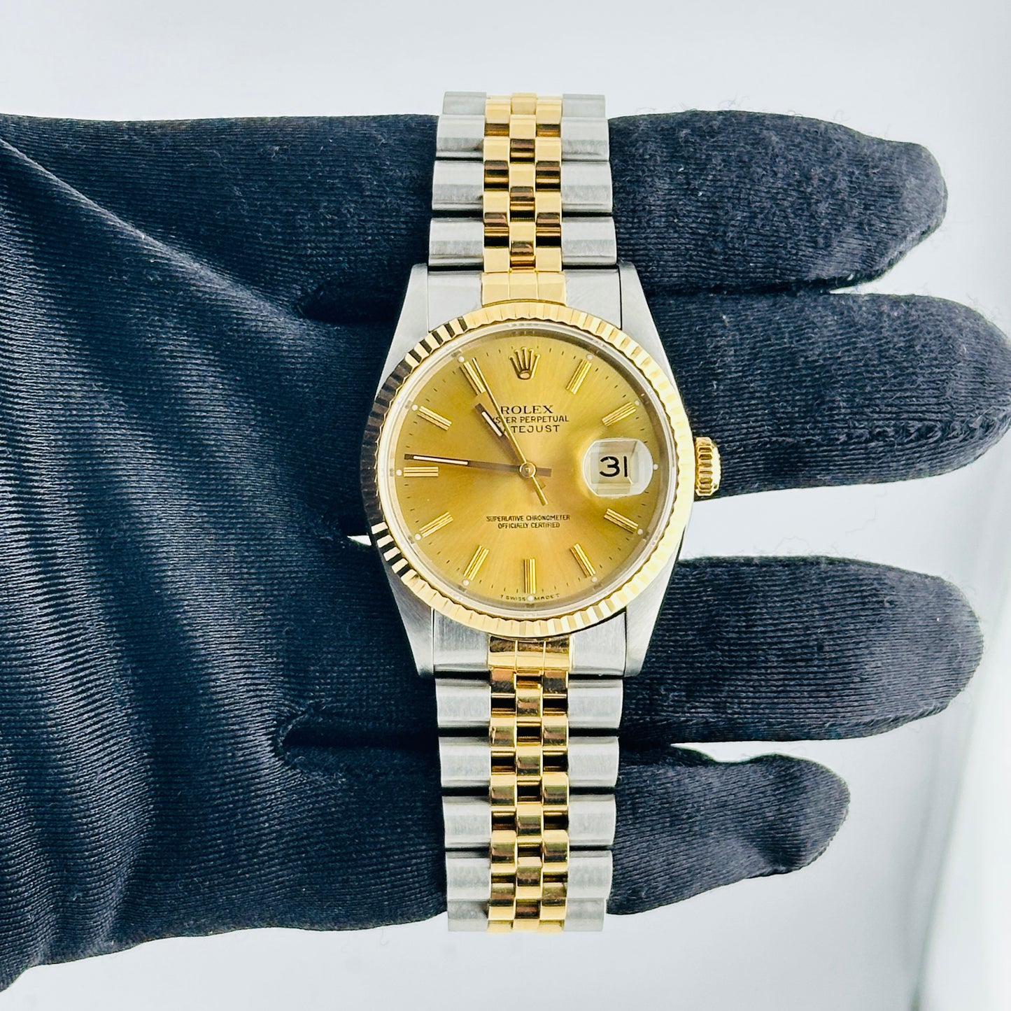 Rolex Datejust Champagne Stick Dial on D Link Jubilee Bracelet Ref. 16233 Papers 1996 — view 2