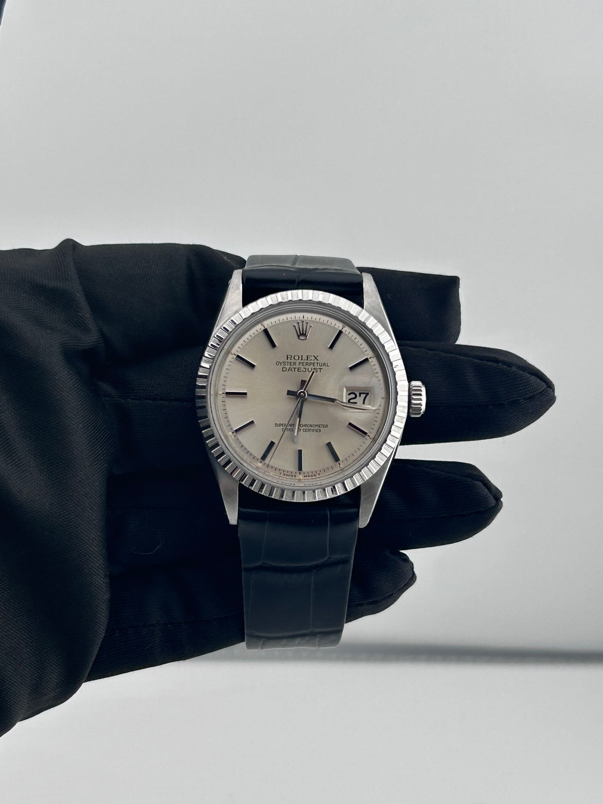Rolex Datejust 36 Silver Index Dial on Generic Black Leather Band Ref. 1601