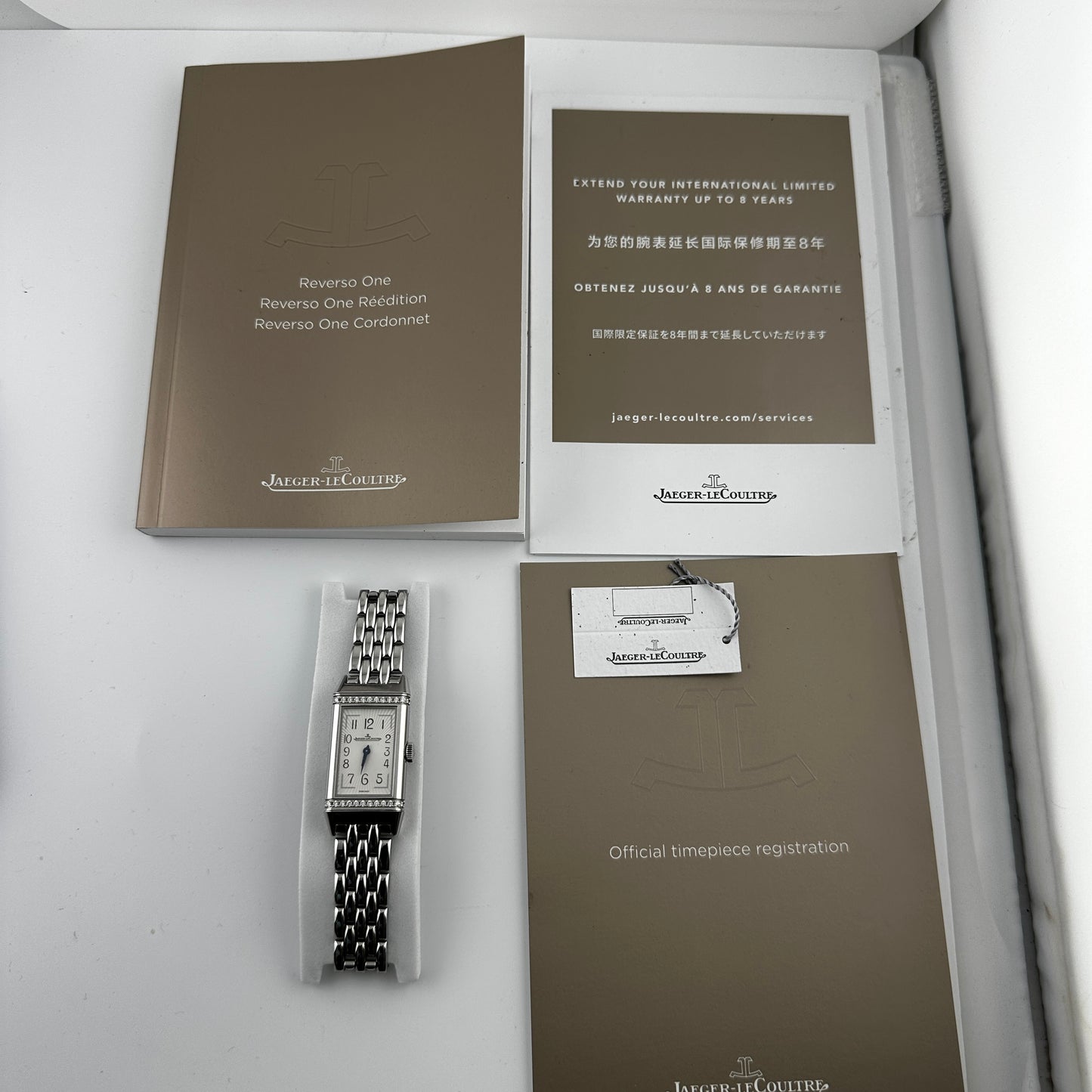 Jaeger Le Coultre Reverso B/M White Arabic Dial on 5 Row Links Ref. 201.8.47 Manuals Only Open Date — view 6