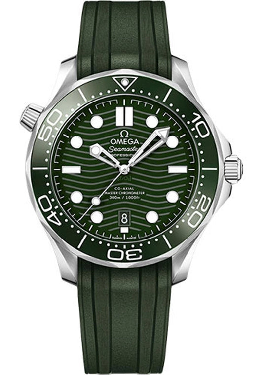 Omega Seamaster Diver 300M Co-Axial Master Chronometer Green Dial on Rubber Strap Ref 210.32.42.20.10.001 with Card